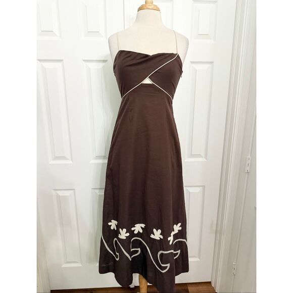 Mon Renn Fresco Cocoa Embroidered Smocked Back Sleeveless Midi Dress Medium NWT - Picture 1 of 8